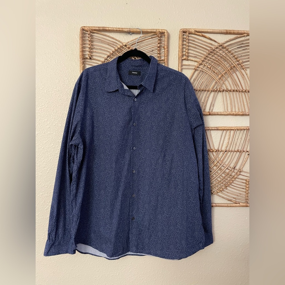 THEORY Irving Speck Paint Print Button Up Shirt Blue Cotton Men's Sz XXL B44
